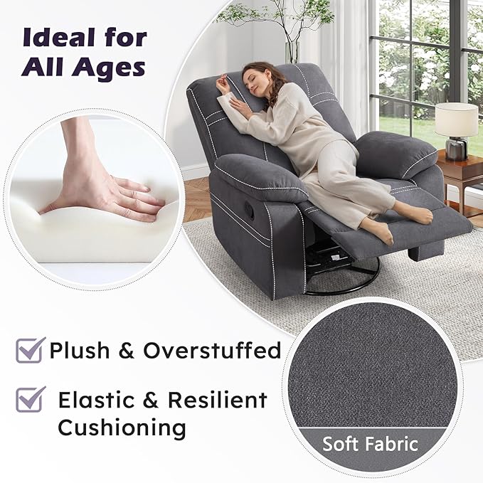 ANJ Oversized Swivel Rocker Recliner Chair for Adults, Manual Rocking Recliner Glider Recliner Nursery Chair Clearance with Decorative Stitching Soft Fabric Thick Cushion for Living Room Bedroom
