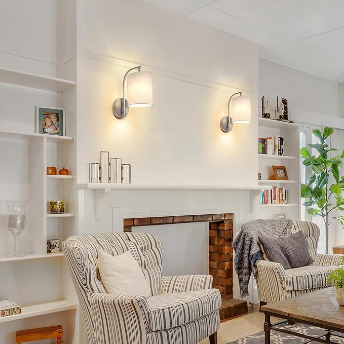 Battery Operated Wall Sconce Set of 2, Brushed Nickel Rechargeable Dimmable Wall Light Fixture Remote, 12 RGB Colors & Timer, Wireless Lamp White Shade