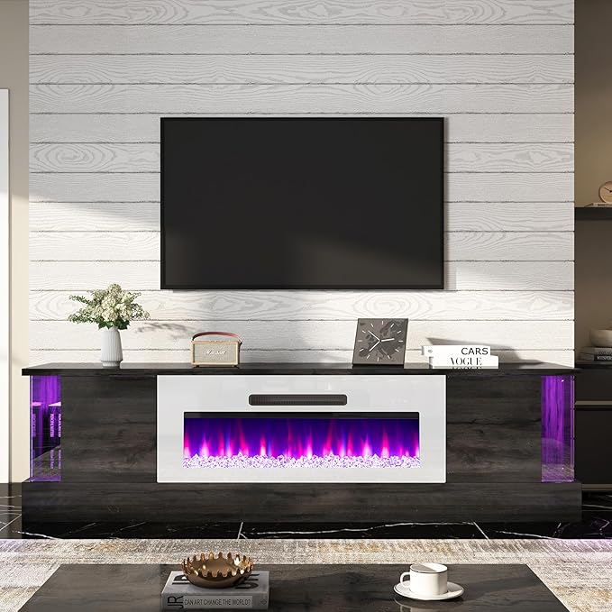 AMERLIFE 70" Glossy Oak Fireplace TV Stand with 36" Fireplace for TVs up to 80", LED Lights Entertainment Center with Flip Doors & Corner Glass, Modern TV Console Table, Living Room, Black&White