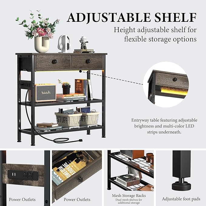 32" Entryway Table with Outlets: Console Table with Storage Shelves, USB Ports, LED Light Strip, and 2 Wood Drawers for Sofa, Living Room, Hallway, Foyer, Couch, and TV Stand