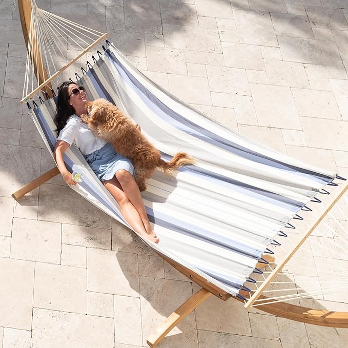 LA Siesta® Alisio Hammock with Spreader Bar & Elipso Stand, Outdoor Hammock with Stand Included Larch Wood Stand - Weatherproof Outdoor Hammock, 2 Person Hammock w/Stand - Max 355 Lbs, Sea Salt