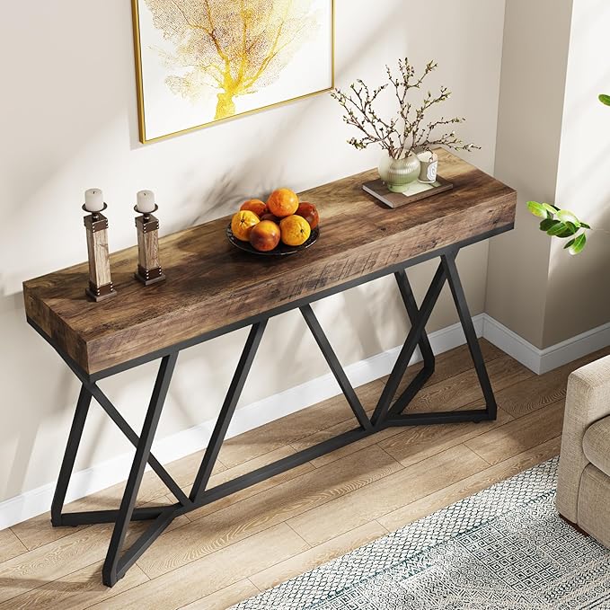 Tribesigns 55 Inch Console Table, Farmhouse Sofa Table Wood Entryway Table with Unique Metal Base, Behind The Couch Table Foyer Table, Industrial Accent Table for Hallway, Living Room, Rustic Brown