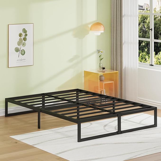 EMODA 12 Inch Queen Bed Frame No Box Spring Needed Heavy Duty Metal Platform BedFrame Queen Size with Steel Slats, Easy Assembly, Black