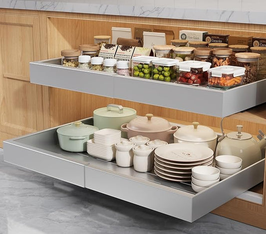 2 Pack Pull Out Cabinet Organizers 21" Deep With Raising Pad for Framed Cabinets, Expandable Width (15.2"-26.3") Slide Out Drawers Upgrade 3 Slide Rails, Roll Out Shelves Adhesive, Silver