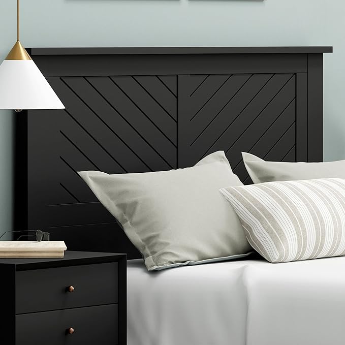 Serene Poplar Wood Full Headboard, Modern Farmhouse Panel with Chevron Scoring, Full Size Headboard in Black, Casual Coastal Style, Easy Assembly, Quality Materials