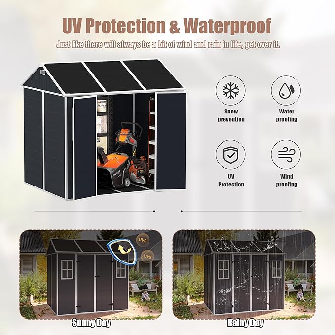 8x7 FT Outdoor Storage Resin Shed with Floor, Waterproof Plastic Garden Tool Shed with Windows, Vents & Lockable Door and Sloped Roof, Easy to Assemble Bike Shed for Patio, Backyard, Lawn, Black