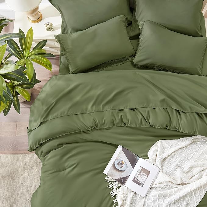 Andency King Size Comforter Set with Sheets Olive Green -7 Pieces Bed in a Bag Boho Tassel Bedding Sets, All Season Fringe Bed Set with Comforter, Sheets, Pillowcases & Shams