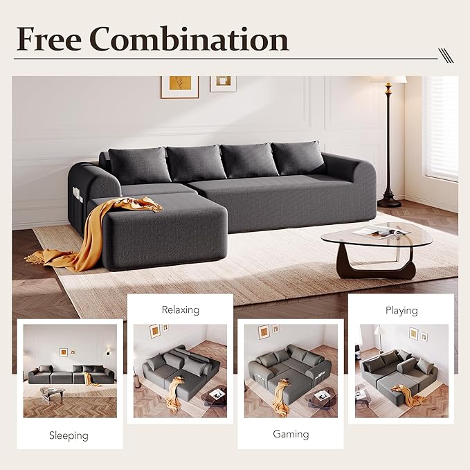 105.5" Cloud Sectional Couch with Ottoman & 4 Pillows, L Shaped Couches Boneless Sofa for Living Room, Chenille Fabric Deep Seat Comfy Couch, No Assembly Required, 72h to Restore