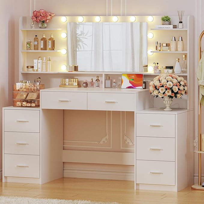 Large Vanity Desk with Mirror & Lights, White Makeup Vanity with 8 Drawers & 6 Storage Shelves, Vanity Set with LED Lights and Power Outlet, 3 Lighting Modes, Adjustable Brightness