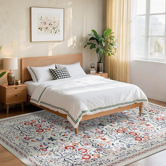 Area Rug Living Room Rug, 5X7 Rugs for Living Room Floral Boho Low Pile Super Soft Washable Rug, Stain Resistant Indoor Floor Non-Slip Carpet for Bedroom Bedside Dining Room Kitchen Nursery, Beige