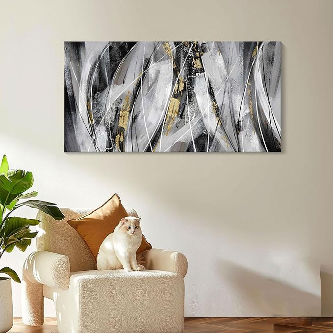 KLAKLA Black and Gold Abstract Wall Art - Big Picture for Living Room Wall - Black and White Canvas Art Work for Home Decor Bedroom Wall Decoration