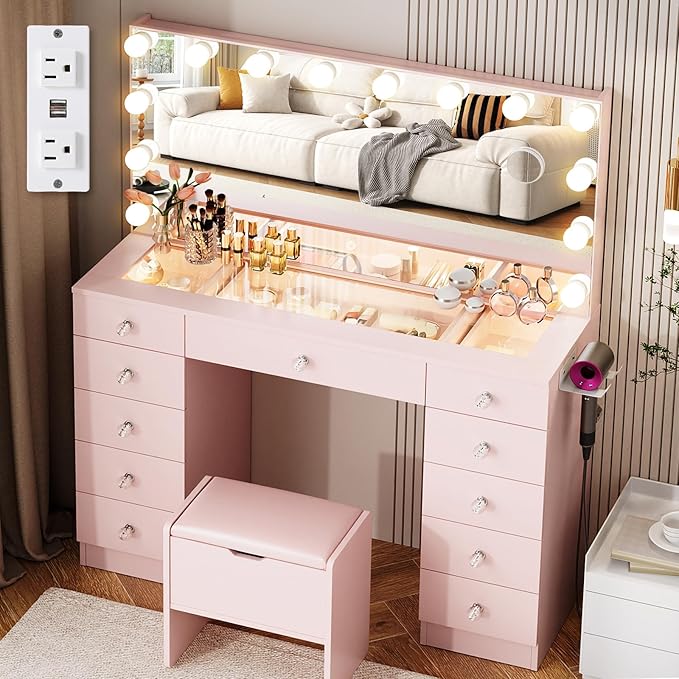 VOWNER Vanity with Lighted Mirror - Glass Top Makeup Vanity Desk with Lights and 11 Drawers, 3 Color Lighting Modes Adjustable Brightness, 46" Makeup Desk with Soft Cushioned Stool for Bedroom, Pink