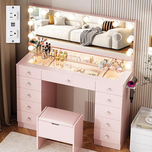 VOWNER Vanity with Lighted Mirror - Glass Top Makeup Vanity Desk with Lights and 11 Drawers, 3 Color Lighting Modes Adjustable Brightness, 46" Makeup Desk with Soft Cushioned Stool for Bedroom, Pink