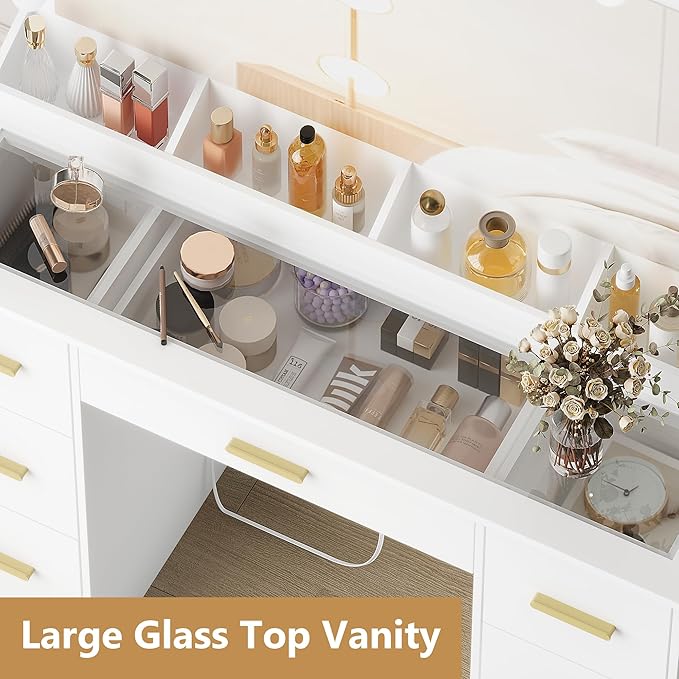 Makeup Vanity Desk with Mirror and Lights, Glass Top Vanity with 38" Lighted Mirror & Charging Station, Large Vanity Mirror with Lights Desk and Chair for Girls 3 Lightings Mode Adjusted, White