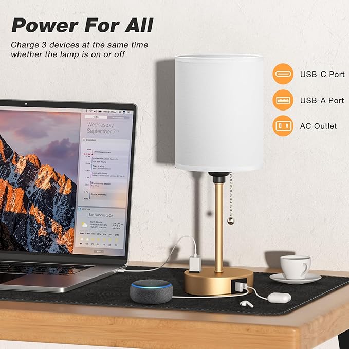 Dicoool Small Bedside Lamps 3 Color Modes - 2700K 3500K 5000K Bedroom Lamps with USB C and A Ports, Pull Chain Gold Table Lamps with AC Outlet, Nightstand Lamps with Gold Metal Base for Kids Reading