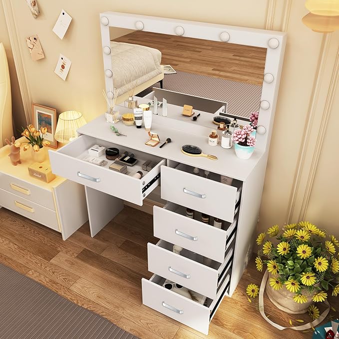 Makeup Vanity Desk with Large Mirror and Lights, White Makeup Vanity Table Set with Storage Drawers, Vanity with Lights for Bedroom, Dressing Table for Teen Girls and Women