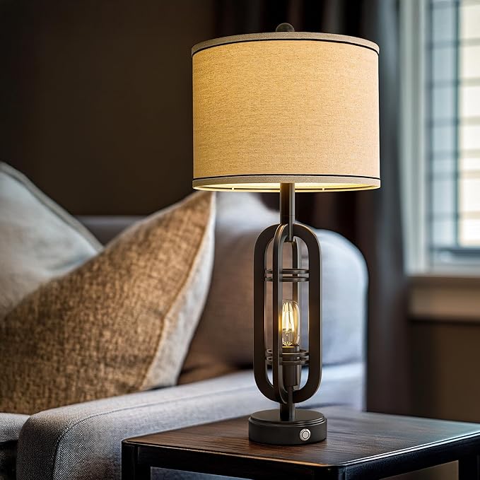 27.25'' Table Lamps Set of 2 for Living Room Bedroom Industrial Farmhouse Metal Touch Lamps with USB A+C Ports, Night Light Vintage Nightstand Bedside Lamp, Bulbs Included, Black