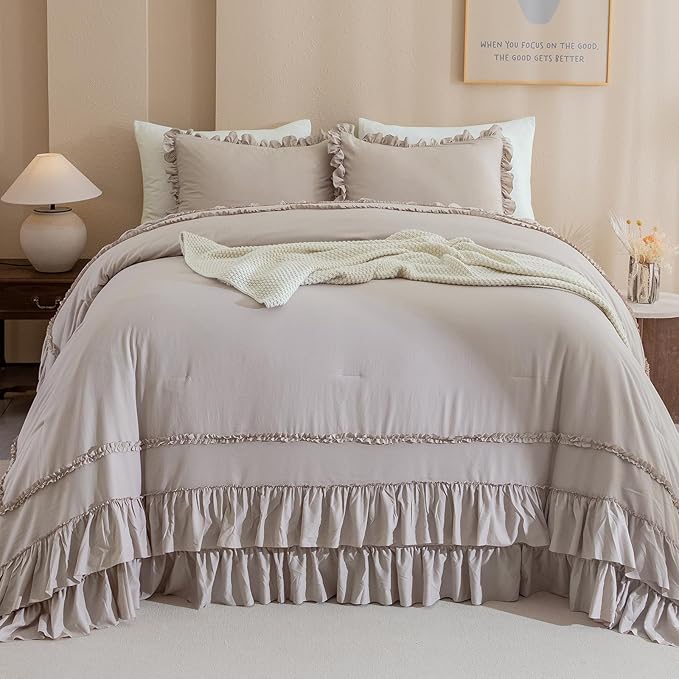 QSH Taupe Oversized King Comforter Set 120x120,Shabby Vintage Chic Ruffled Bedding Comforter Farmhouse French Country Rustic Comforter Microfiber Soft Fluffy Lightweight Bedding 3 PCs