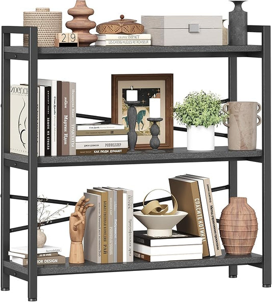 Book Shelf, 3 Tier Bookshelf 31.49" Width, Book Shelf Storage and Organization, Wooden and Metal Industrial Bookcase, Large Book Shelves for Home Living Room Bedroom Office Storage(Grey)