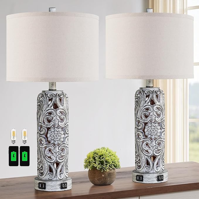 25'' Set of 2 Farmhouse Table Lamps with 2 USB Ports for Living Room Bedroom, Rustic Vintage Table Lamp with Nightlight, Earthy Yellow Hollow Out Resin Lamp for End Table, 2 Bulbs Included