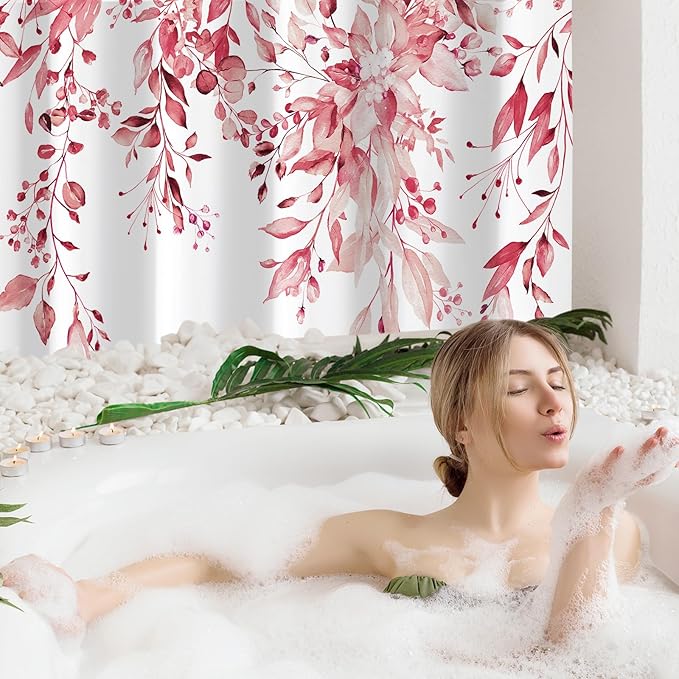 Gibelle Small Stall Shower Curtain 36 x 72, Narrow Half Pink Floral for Bathroom, Watercolor Plant Eucalyptus Leaves Fabric Set With Hooks