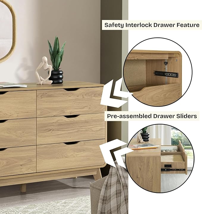 Meadow 6 Drawer Dresser for Bedroom, 47.2″ W Modern Wide Chest of Drawers, Wood Storage Organizer for Clothes, Entryway, Hallway, Nursery or Living Room, Oak