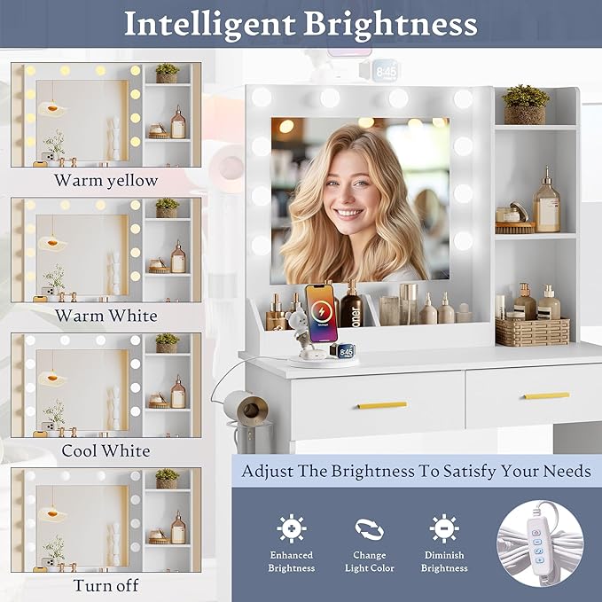 Makeup Vanity Desk with Mirror and Lights, Small Makeup Vanity Table Set with Drawers, Power Outlet & Storage Stool, White Vanity with 3 Lighting Modes LED for Women Girls Bedroom
