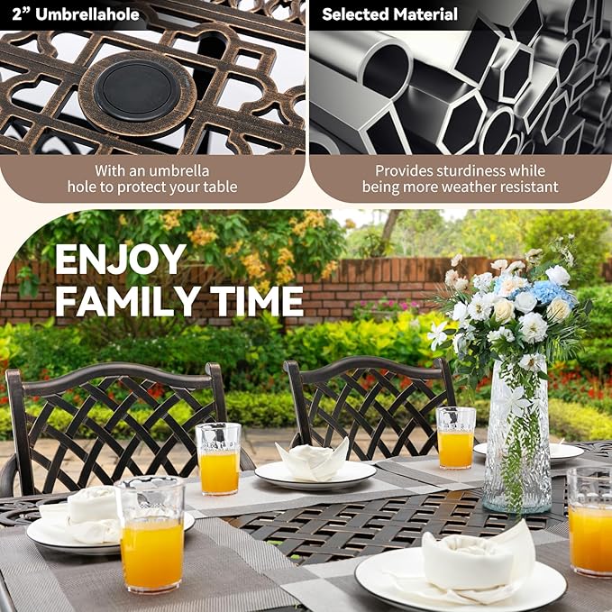 9-Piece Cast Aluminum Outdoor Dining Set Retro Patio Dining Set for 8 Includes 86.6’’ Rectangular Table and 8 Chairs with Removable Cushion and Umbrella Hole for Patio Deck Garden Porch