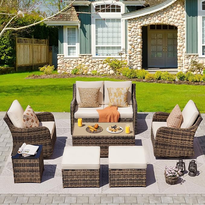 Outdoor Patio Furniture Set with Swivel Chairs, 7 Pieces Wicker Rattan Sofa Couch with Loveseat, Patio Conversation Set with Rocker Patio Chair, 2 Ottomans and Coffee Table (Brown)