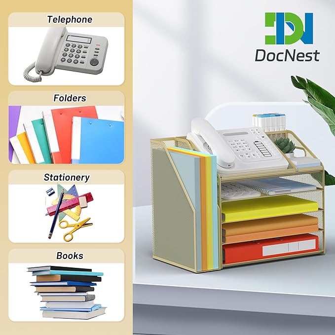 DocNest 5 Tier Paper Letter Tray File Organizer, Mesh Desk File with Handle, Workspace Desk Organizers with Pen Holder, Office Organization Storage Accessories - Gold Yellow
