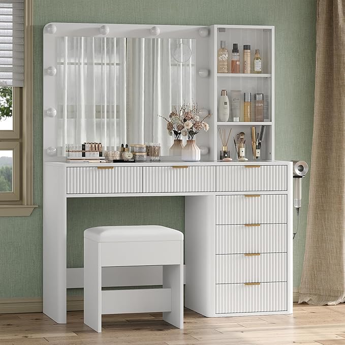 7 Drawers Fluted Vanity Desk with Charging Station, 47'' W Makeup Vanity with LED Lights and HD Mirror, 3 Lighting Modes Adjustable, Glass Top, Vanity Set for Bedroom,White