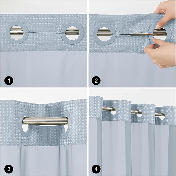 Colorful Star No Hook Shower Curtain with Snap in Fabric Liner, Waffle Weave Heavy Duty Thick Shower Curtains with Mesh Top Window, Hotel Style Waterproof Bathroom Curtain Set, 72 x 75 Inch, Fog Blue