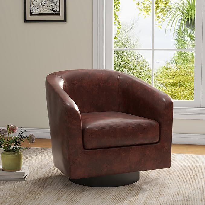 UIXE PU Leather Swivel Barrel Accent Chair, Upholstered Armchair Club Chair for Living Room, Round Arm Chair Bedroom Single Sofa Reading Seat - Red Brown