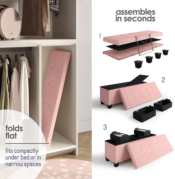 STORAGEBUD Storage Ottoman Bench with Bins, 43-in Storage Bench for Bedroom End of Bed, Folding Foot Rest Ottoman for Living Room Max 660lbs, Fabric Ottomans, Pink