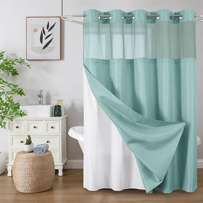 Colorful Star No Hook Shower Curtain with Snap in Fabric Liner, Waffle Weave Heavy Duty Thick Shower Curtains with Mesh Top Window, Hotel Style Waterproof Bathroom Curtain Set, 72 x 75 Inch, Teal