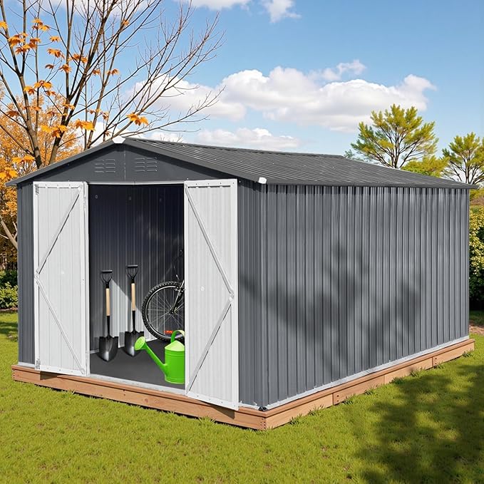10 x 12 FT Outdoor Storage Shed with Floor, Metal Garden Tool Shed with Vents,Windows,Slooping Roof and Lockable Doors, All-Weather Bike Shed Easy to Assemble for Backyard, Patio, Lawn, Grey