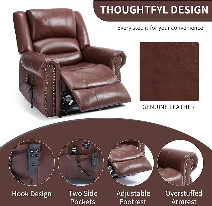 Dual Motor Power Lift Chair, Lay Flat Recliner Chair, Electric Recliner with Massage and Heat for Elderly, Remote Control, Infinite Position, Standing Assistance, USB Ports (Red, Genuine Leather)