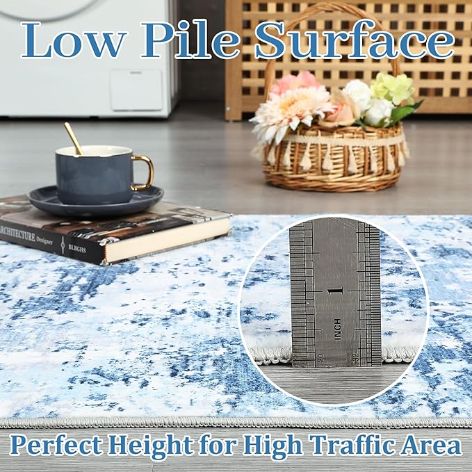 2x6 Modern Abstract Runner Rug Non Slip Soft Stain Resistant Low Pile Machine Washabl Non Shed Rug for Hallway Kitchen Bathroom, Blue