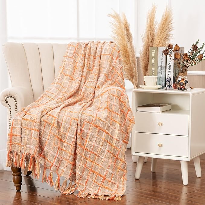 Gealaek Boho Throw Blanket Lightweight Fuzzy Soft Cozy Decorative Blankets for Sofa Bed Farmhouse Throw Blanket Mexcican Blanket with Tassel Khaki Orange Yellow Textured 50" x 60"