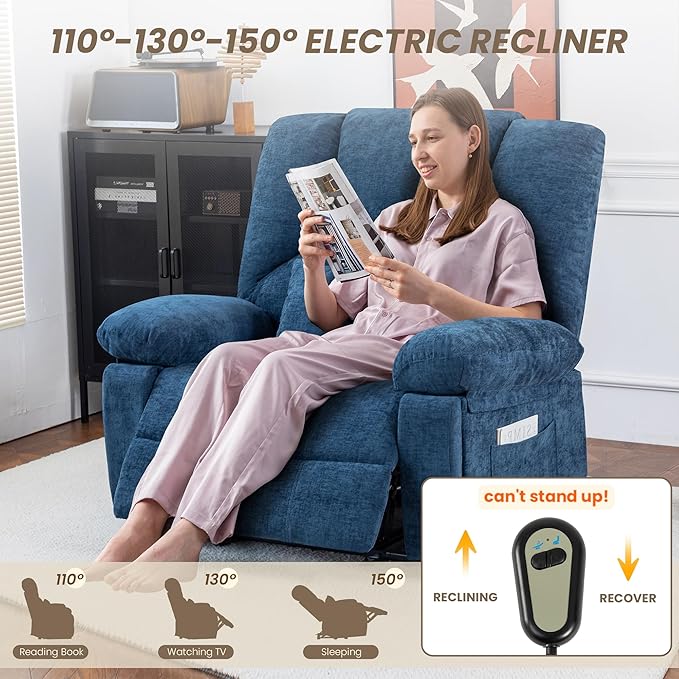 Oversized Power Recliner Chair 350lb with Hidable Cup Holders, Extra Wide Large Big Electric Recliner Chair with Lumbar Support Pillow Nursery Chair Living Room (Power, BLUE-6001)