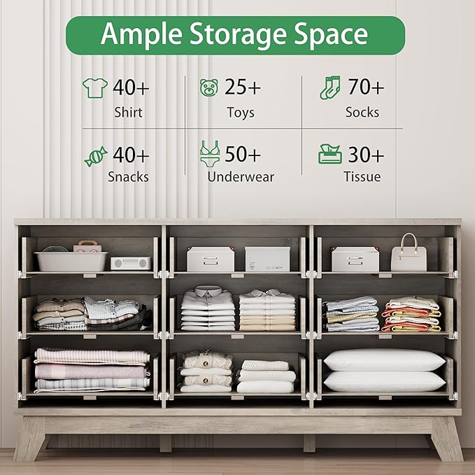 Fluted Dresser for Bedroom with 9 Drawers, 57" Wide Modern Chest of Drawers with Metal Handle, Wooden Dresser TV Stand, Wood Closet Clothes Storage Organizer for Living Room, Hallway, Grey