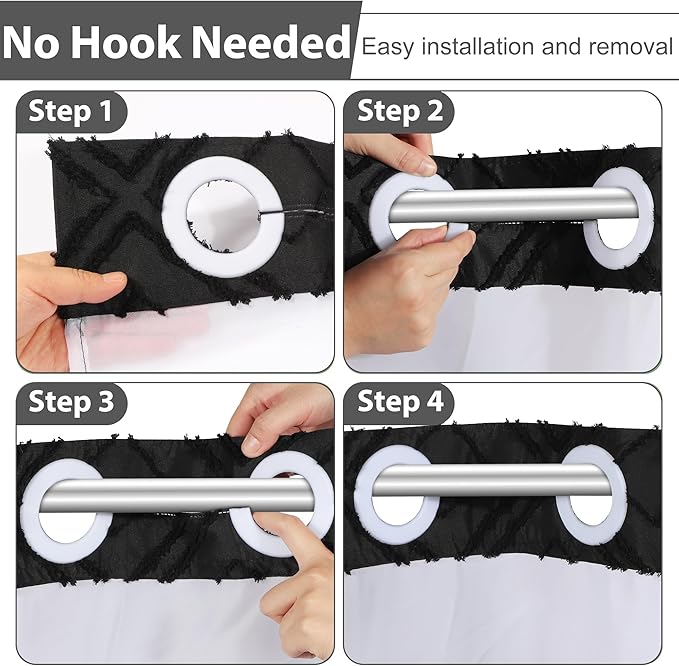 No Hook Shower Curtain Set with Snap in Liner, Black Jacquard Tufted Geometric Bath Curtain, Boho Luxury Hotel Bathroom Decor, Waterproof Washable, 71 x 86 Inch