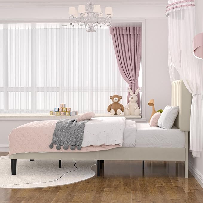 VECELO Twin Size Bed Frame with Upholstered Headboard, Velvet Platform Bedframe Mattress Foundation, Strong Wood Slat Support, No Box Spring Needed,Velvet Beige