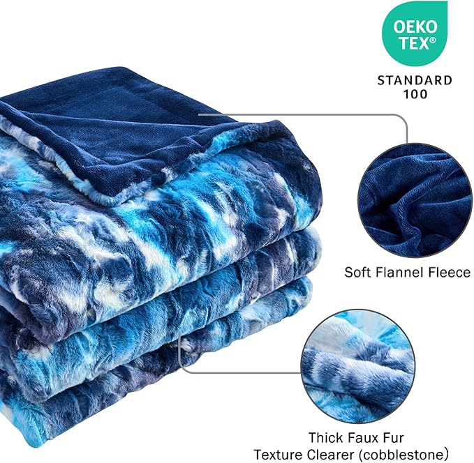 Krifey Oversized Blue Faux Fur Blanket, Super Soft Cozy Blanket, Luxury Fluffy Throw Blanket Fuzzy Bed Throw Tie Dye Blue 60" x 80"
