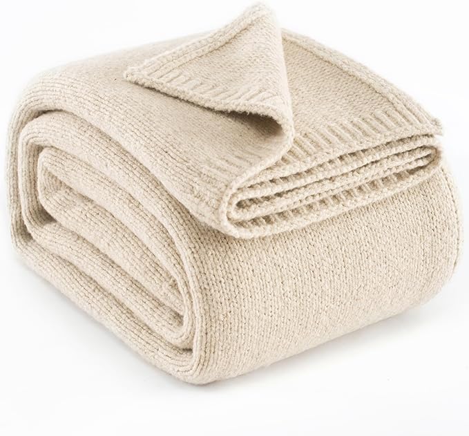 Carriediosa Wool Blend Knit Throw Blanket 60" X 80" Twin, 50% Recycled Polyester Soft Cable Knitted Fluffy Throws for Couch Lightweight Woven Blankets for Sofa Fuzzy Cozy Bed Cover, Light Beige