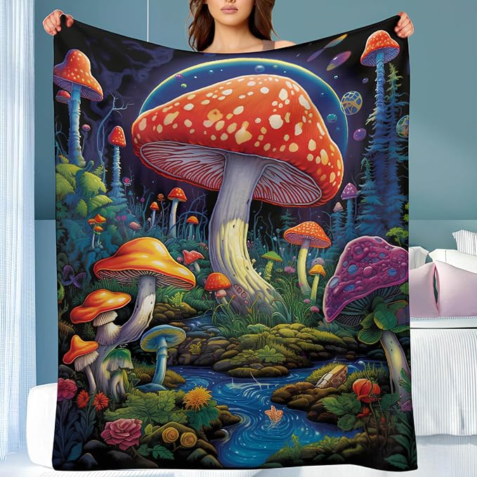 Mushroom Throw Blanket, Mushroom Gifts for Women Men, Soft Hippie Cottage Core Room Decor, Lighweight Flecce, 60x80 inches, 310 GSM, No Pilling, Single Sided Printed