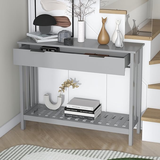 TaoHFE Entryway Table with Storage, Modern Sofa Table with Slatted Frame, Entry Way Table with Smooth Finish, Long Console Table for Hallway, Entryway, Living Room, Bathroom, Bedroom, Grey