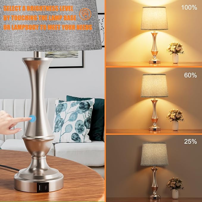 Upgraded Touch Lamps for Night Stands Set of 2 - Bedside Lamps with USB C+A, 3 Way Dimmable for Bedroom Living Room End Tables Office (Grey&Nickel)
