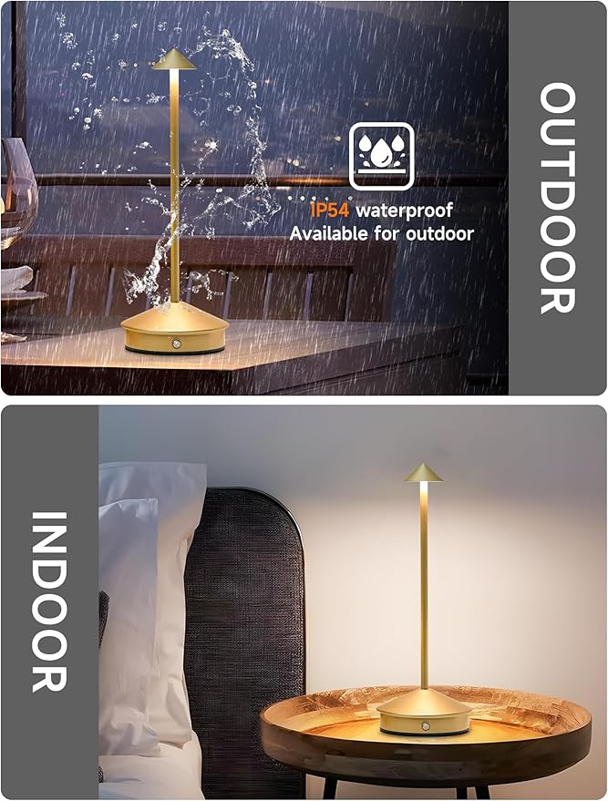 Cordless Table Lamps,LED Rechargeable Desk Lamp,Portable Modern USB Battery Operated Lights,Outdoor Waterproof Touch Dimmable,for Patio,Restaurant,Bar,Camping,Dining Home Set of 2 Gold