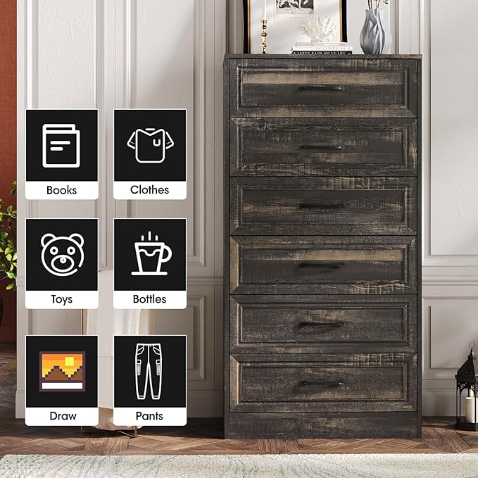 Fameill Dresser for Bedroom, Tall Dresser for Hallway, 6 Drawer Wide Dresser Organizer with Charging Station for Closet, Wood Dresser with Metal Handles, Dark Brown